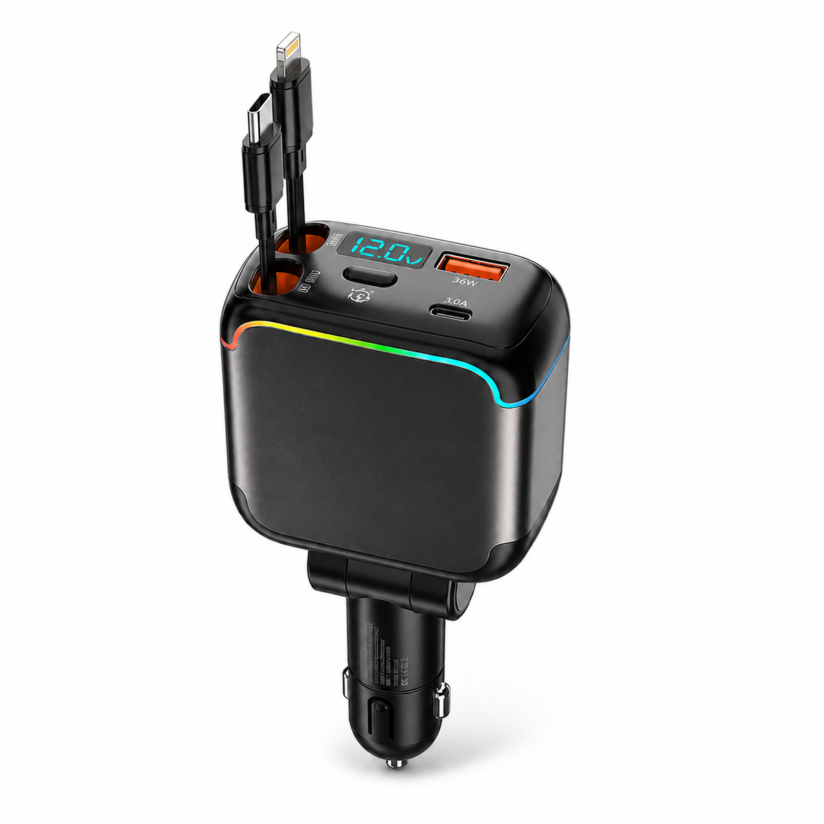 Meenova N28 137W 4-in-1 Retractable Car Charger with 65W USB-C Cable, Lightning-Compatible Cable, Voltage Display & Ambient Light