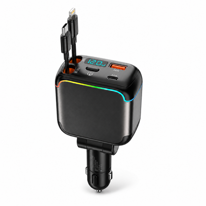 Meenova N28 137W 4-in-1 Retractable Car Charger with 65W USB-C Cable, Lightning-Compatible Cable, Voltage Display & Ambient Light