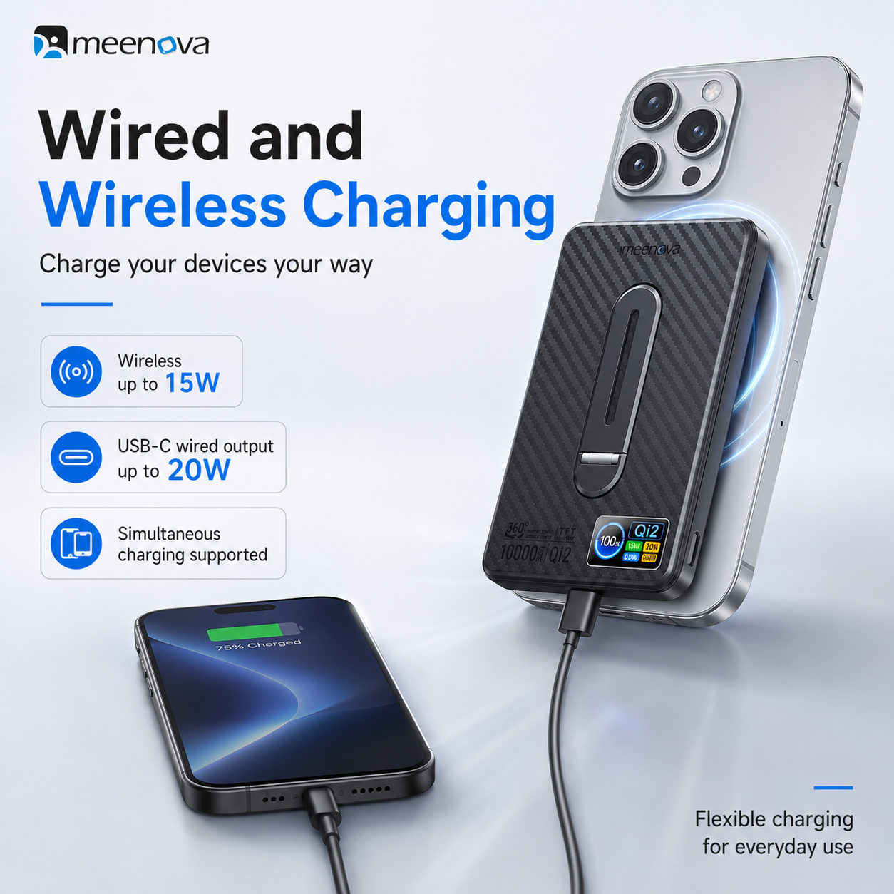 Meenova Qi2 15W Magnetic Wireless Power Bank with TFT Display & 360° Kickstand –  10000mAh