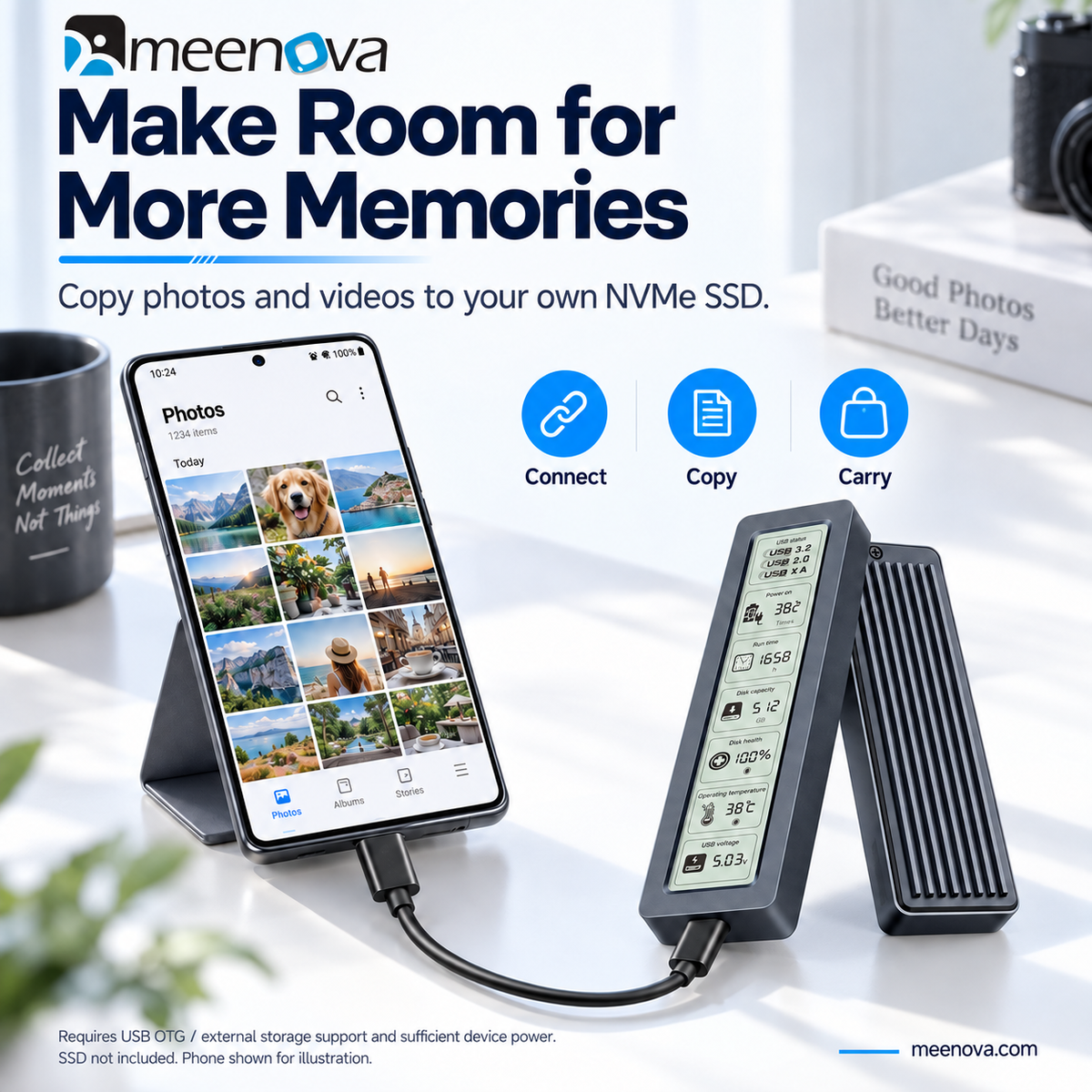 Meenova 10Gbps Smart Display NVMe M.2 SSD Enclosure – USB 3.2 Gen 2, UASP & TRIM, Aluminum Cooling, 2230/2242/2260/2280