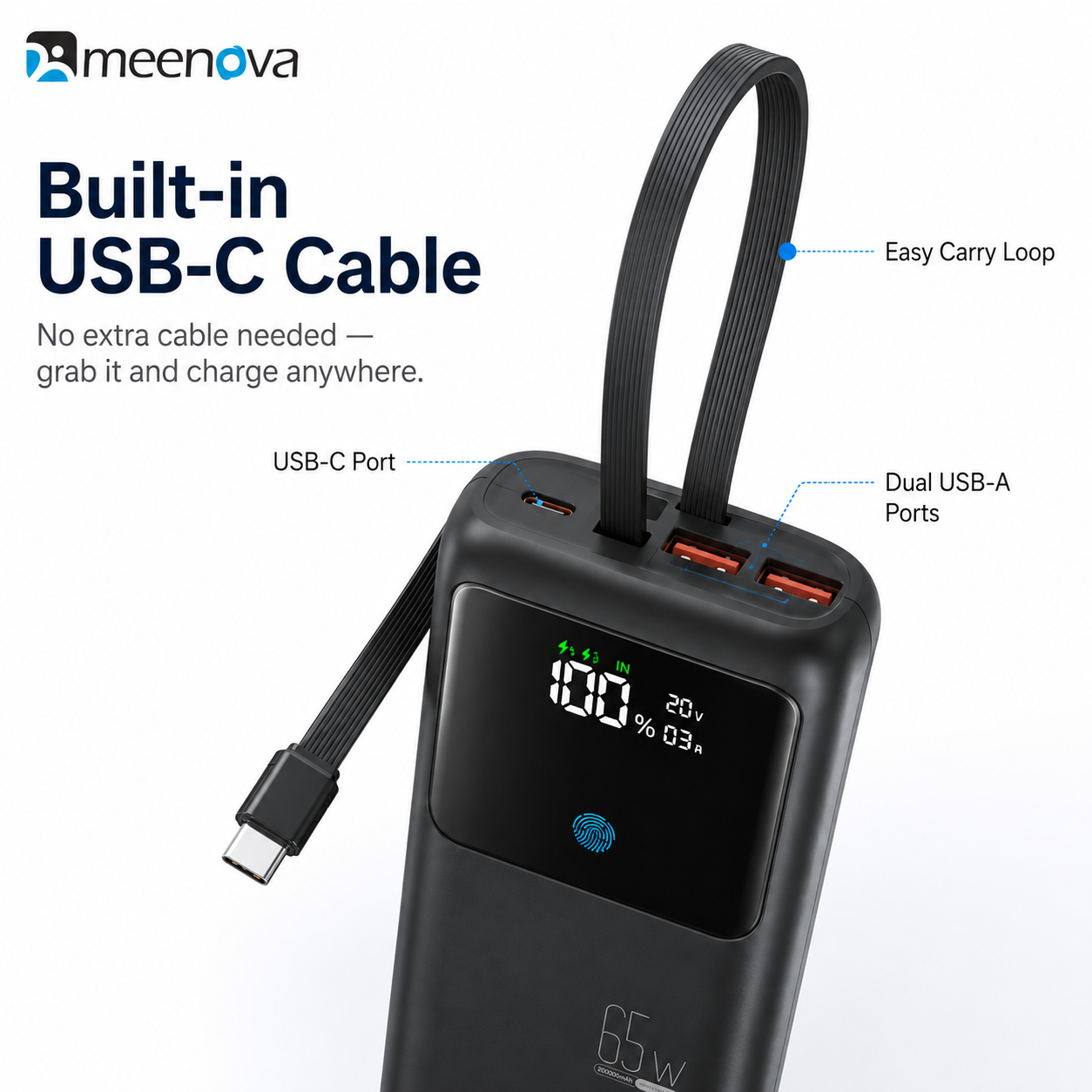Meenova 65W 24000mAh Laptop Power Bank with Built-in USB-C Cable, PD Fast Charging, 2 USB-A Ports & Smart Digital Display