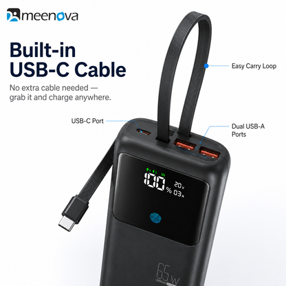 Meenova 65W 20000mAh Laptop Power Bank with Built-in USB-C Cable, PD Fast Charging, 2 USB-A Ports & Smart Digital Display, Portable Charger for iPhone 18 Pro Max, iPhone Duo, Laptop & Tablet