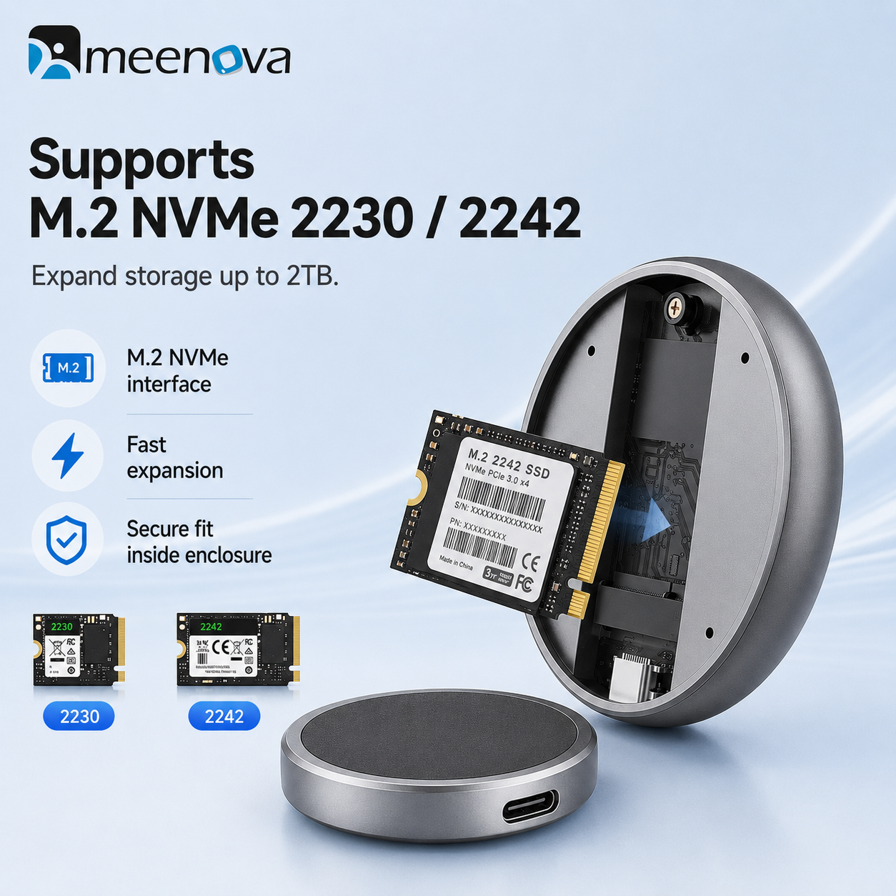 Meenova M.2 NVMe Magnetic SSD Enclosure – 10Gbps USB-C, 2230/2242 SSD, Up to 2TB