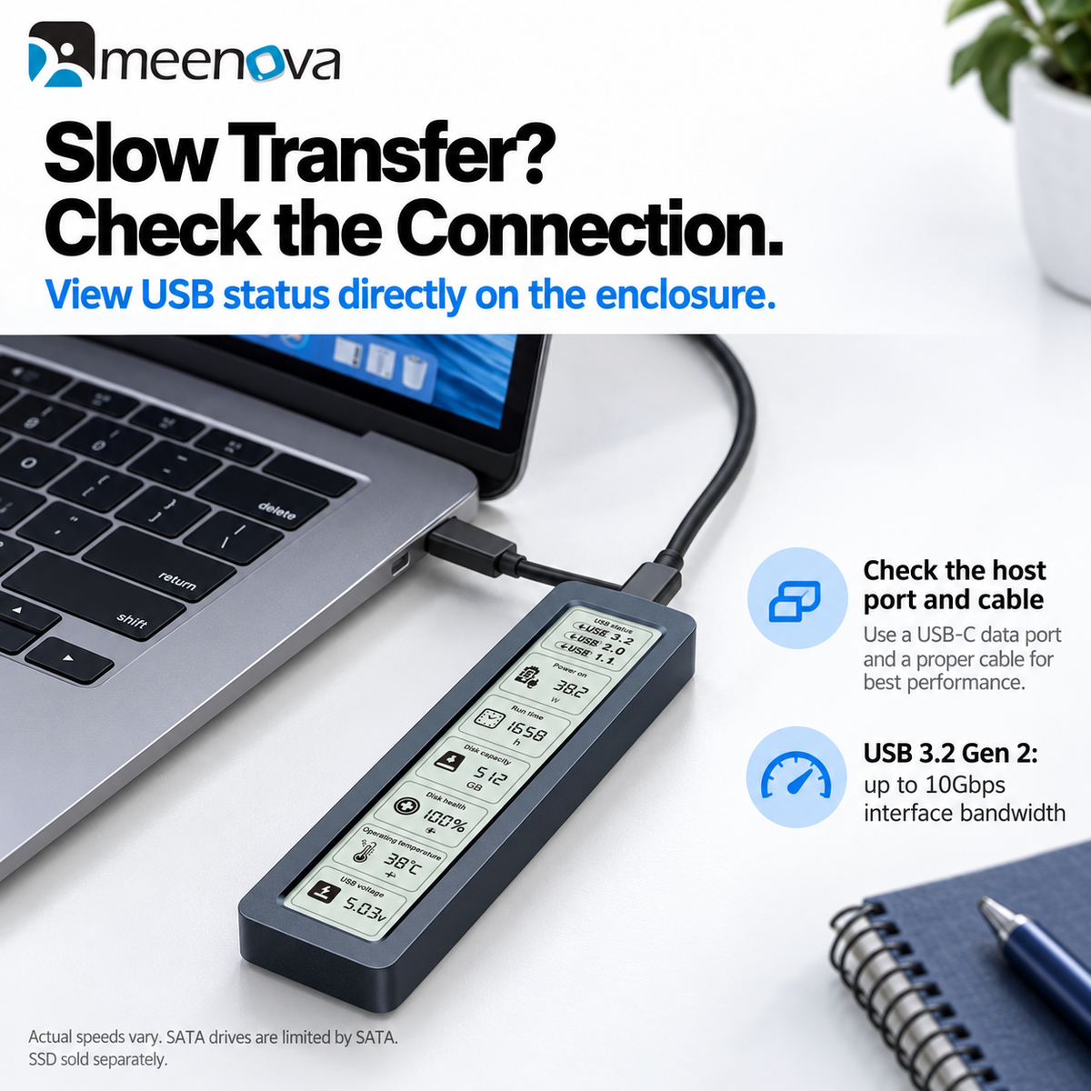 Meenova Smart M.2 NVMe/SATA SSD Enclosure with Display, USB 3.2 Gen 2 10Gbps