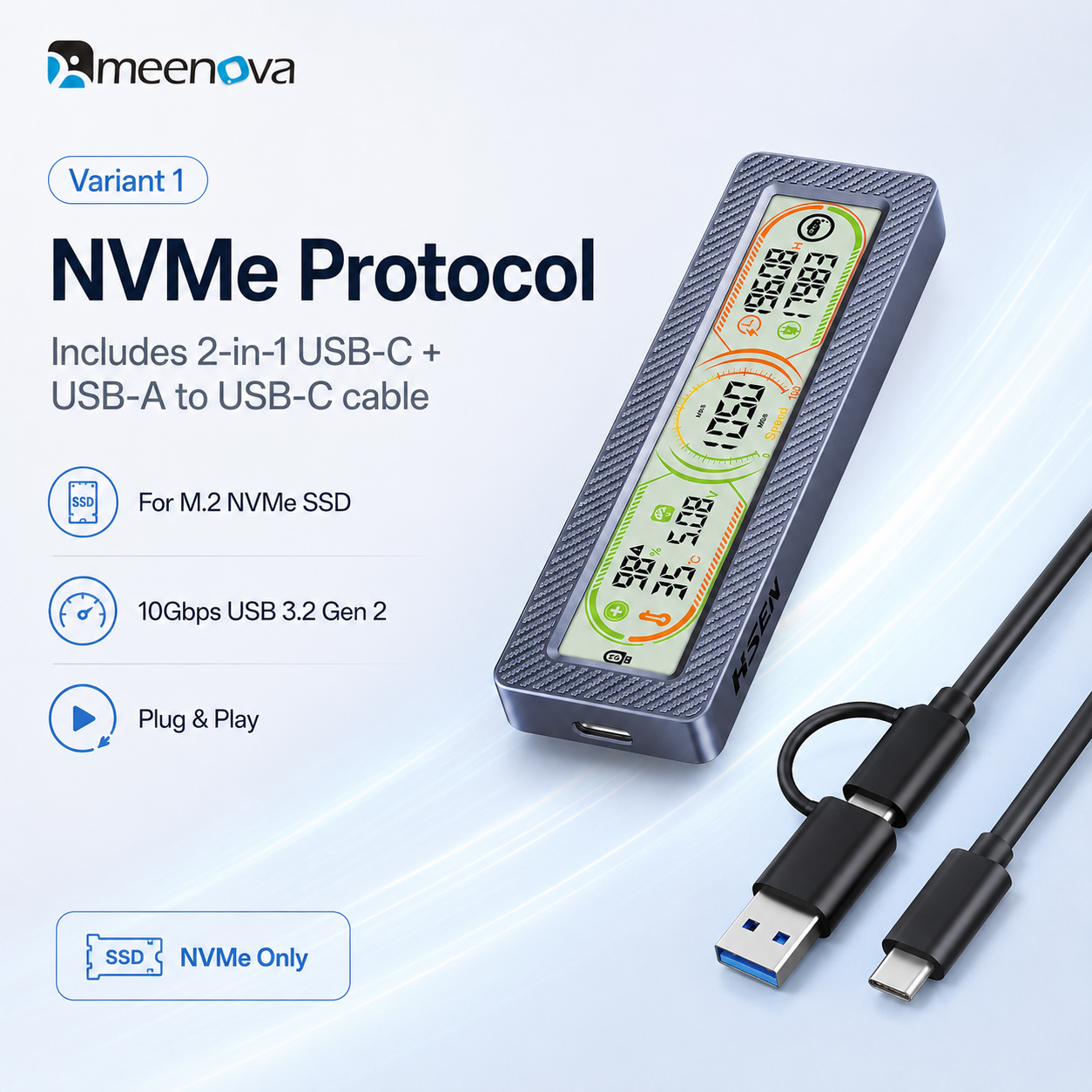 Meenova Smart Display M.2 SSD Enclosure – 10Gbps USB 3.2 Gen 2, Real-Time Health, Speed, Temperature & Voltage Monitor, NVMe / NVMe SATA