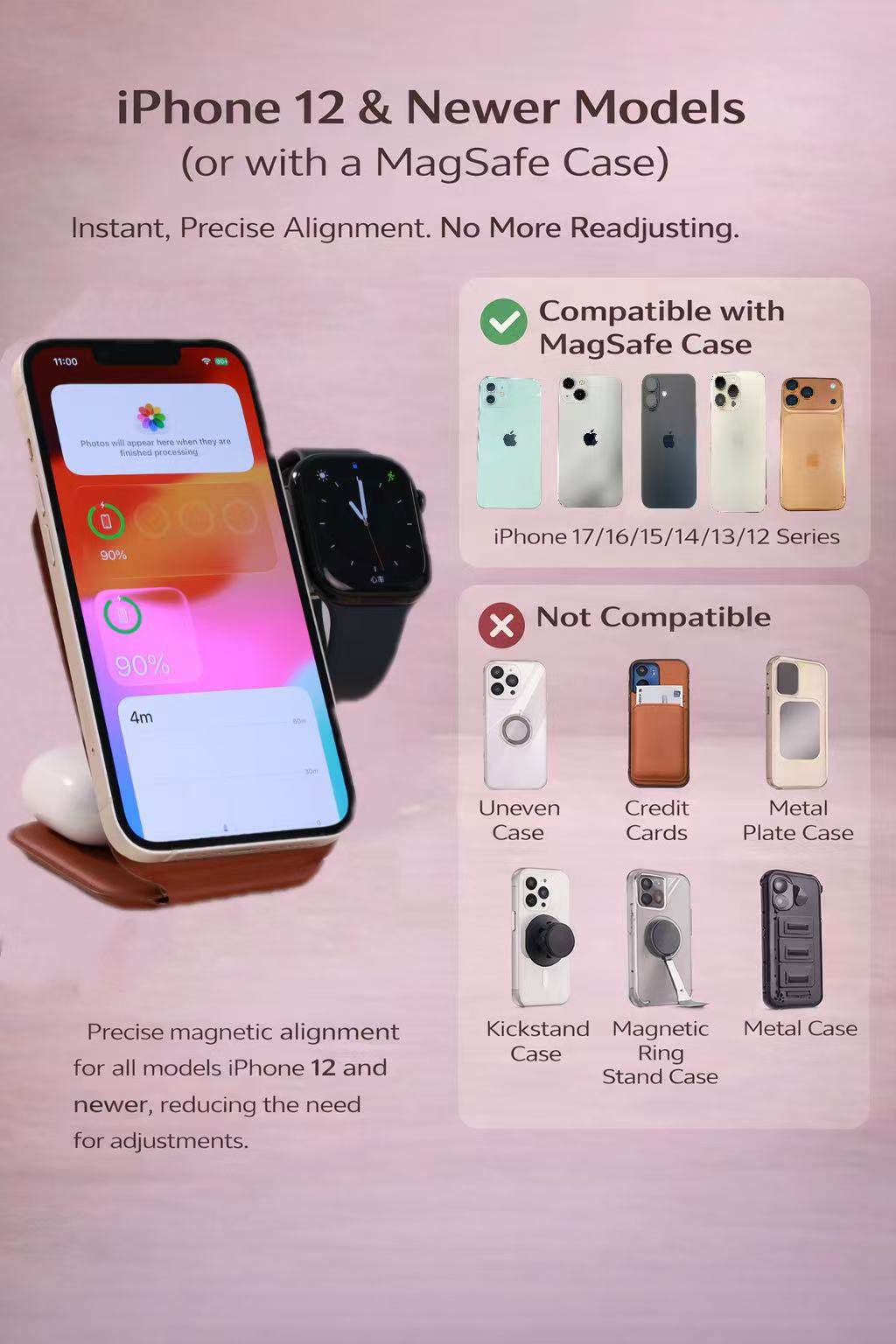 Meenova Trio Foldable Leather 3-in-1 MagSafe Charger, Portable Wireless Fast Charging for Apple iPhone & Apple Watch, AirPods