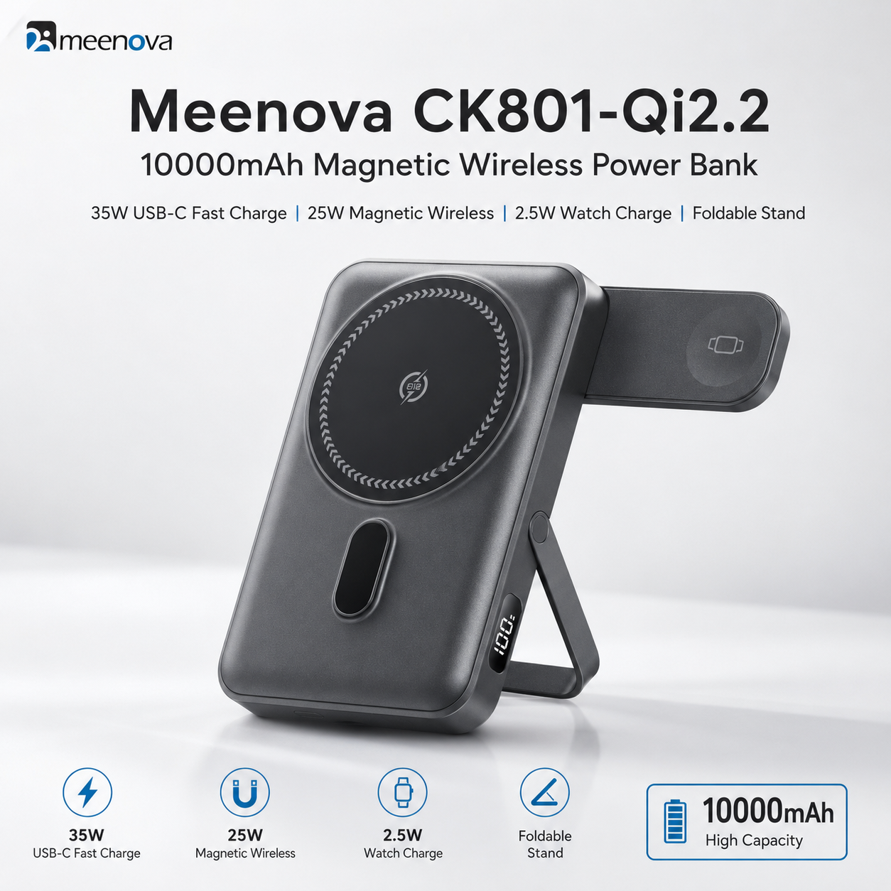 Meenova CK801 Qi2.2 25W Magnetic Wireless Power Bank 10000mAh with 35W USB-C Fast Charging, Apple Watch Charger & Foldable Stand