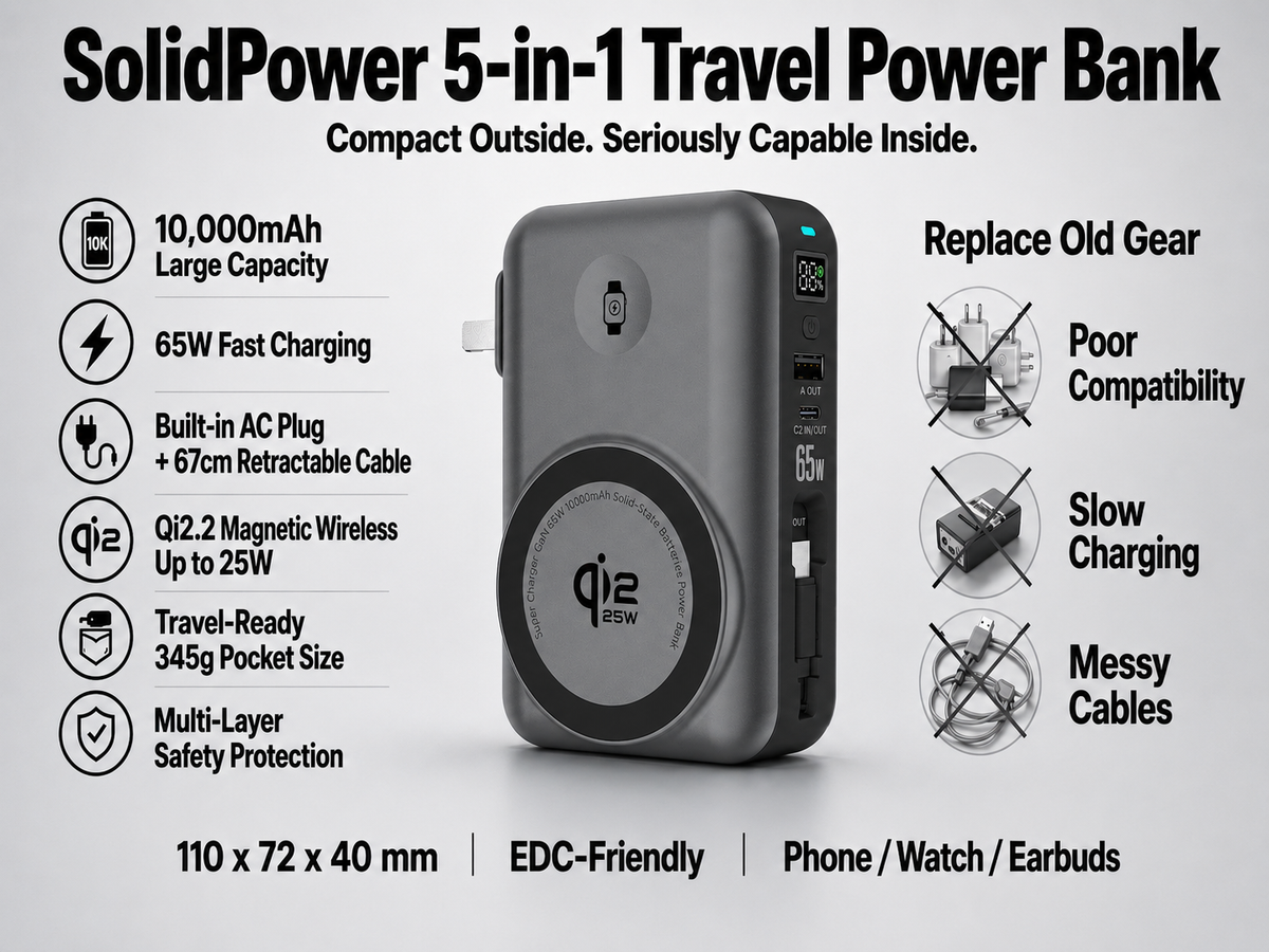 Meenova SolidPower X 10000mAh 5-in-1 Magnetic Power Bank & 65W Wall Charger, 25W Qi2.2, Built-In USB-C Cable