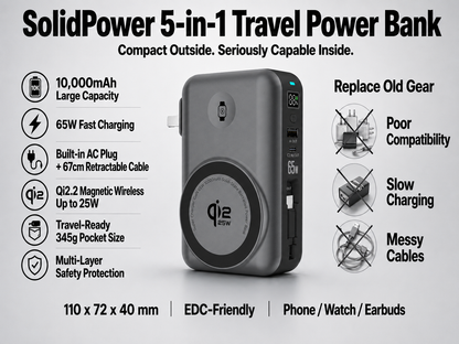 Meenova SolidPower X 10000mAh 5-in-1 Magnetic Power Bank & 65W Wall Charger, 25W Qi2.2, Built-In USB-C Cable