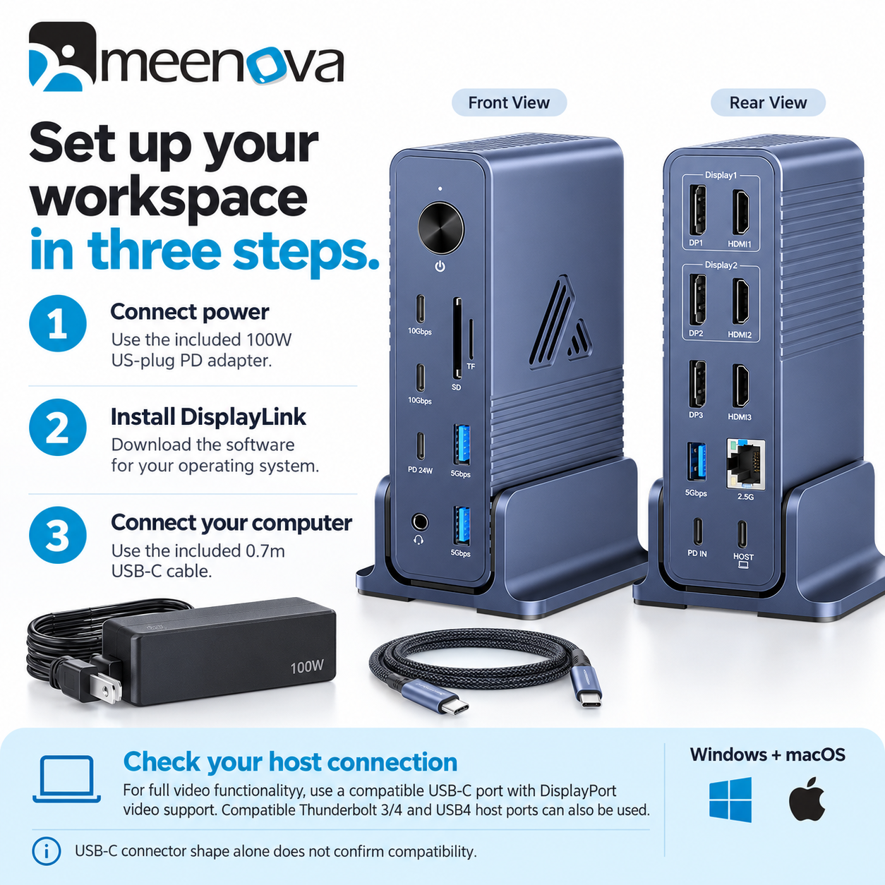 Meenova 18-in-1 DisplayLink USB-C Docking Station, 2.5GbE & 10Gbps USB, with 100W US-Plug Adapter