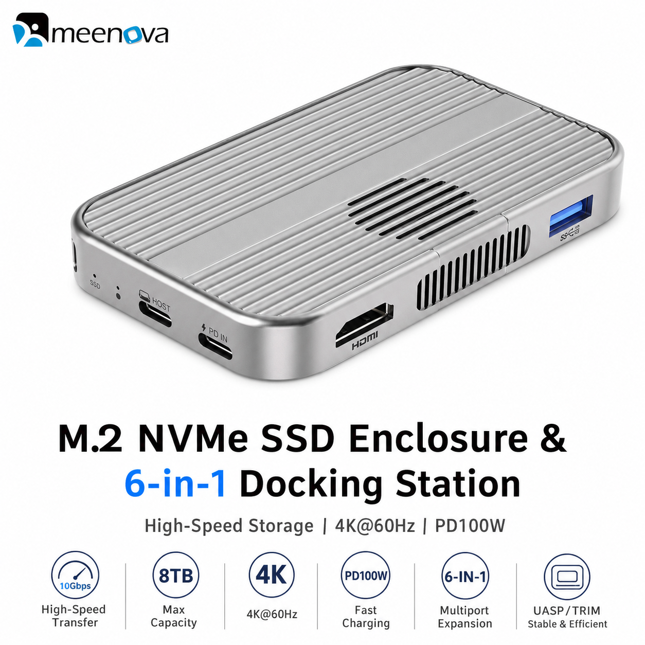 Meenova Magnetic M.2 NVMe/SATA SSD Enclosure & 6-in-1 USB-C Dock – 10Gbps, 4K@60Hz HDMI, PD 100W, SD/TF, Up to 8TB