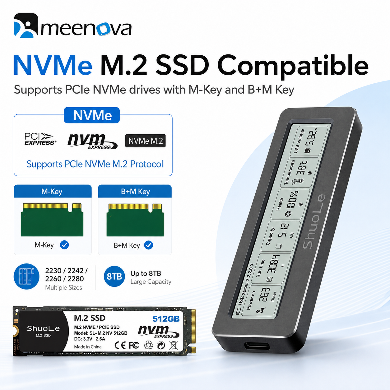 Meenova Smart Display M.2 NVMe SSD Enclosure, USB 3.2 Gen 2 10Gbps, All-Aluminum, M-Key & B+M Key, 2230/2242/2260/2280, Up to 8TB