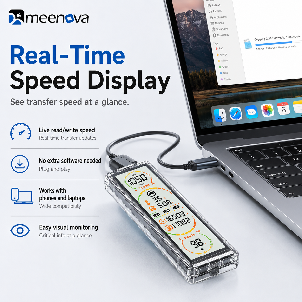 Meenova HS10G-3 Smart Display M.2 SSD Enclosure – 10Gbps USB-C NVMe/SATA SSD Case with Real-Time Drive Monitoring
