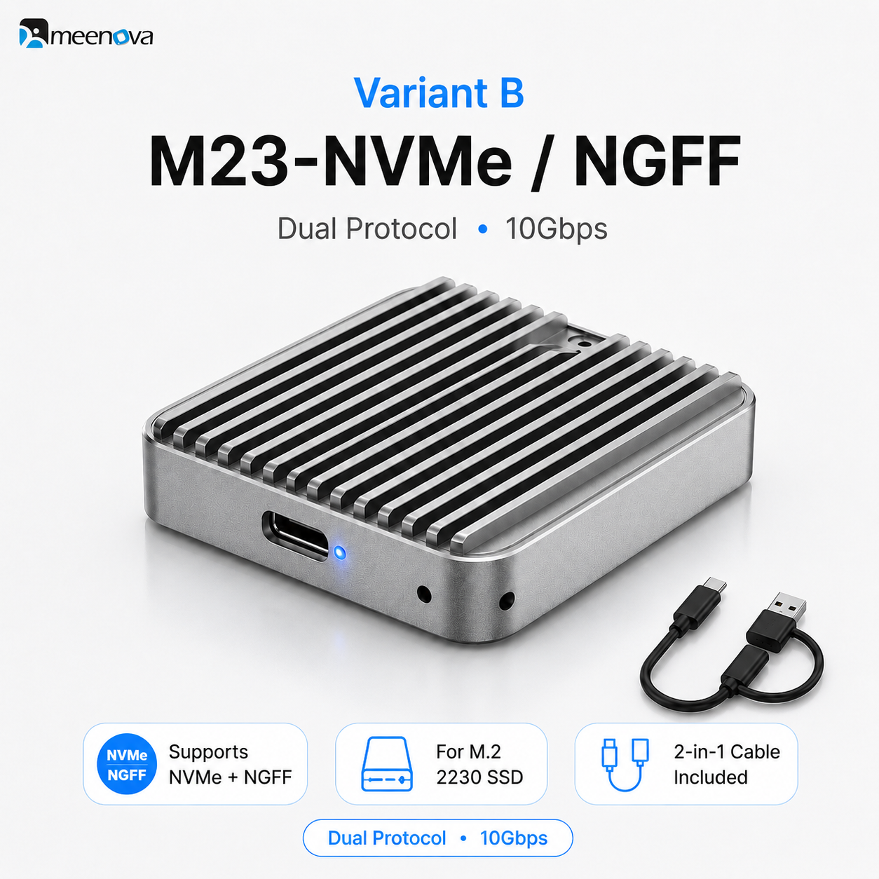 meenova M23 M.2 2230 SSD Enclosure – 10Gbps USB 3.2 Gen 2, NVMe / NVMe + SATA NGFF, Aluminum External SSD Case, Up to 4TB