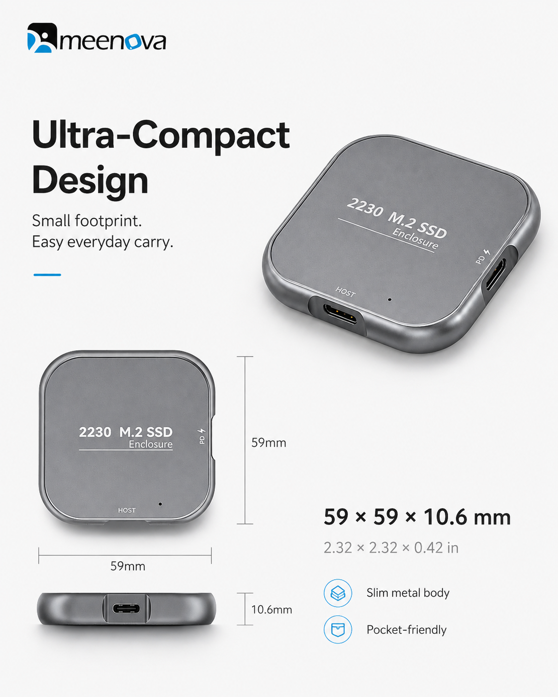 meenova Magnetic Snap-On Storage Series – 2230 M.2 NVMe SSD Enclosure / Magnetic Card Reader