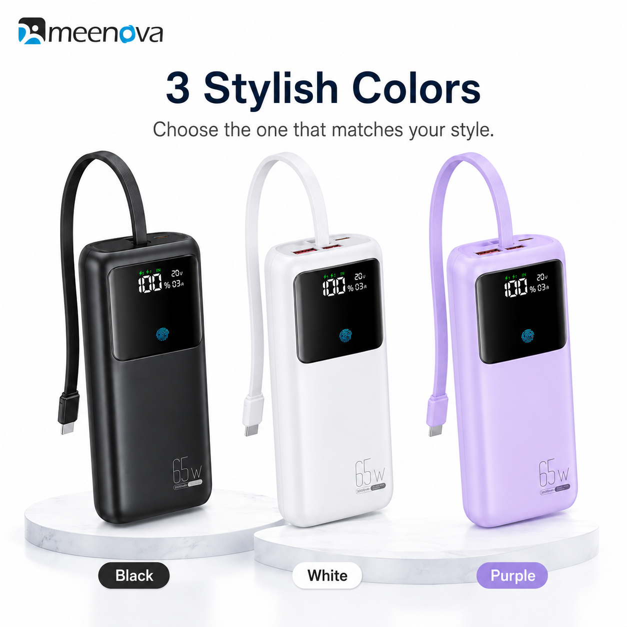 Meenova 65W 24000mAh Laptop Power Bank with Built-in USB-C Cable, PD Fast Charging, 2 USB-A Ports & Smart Digital Display