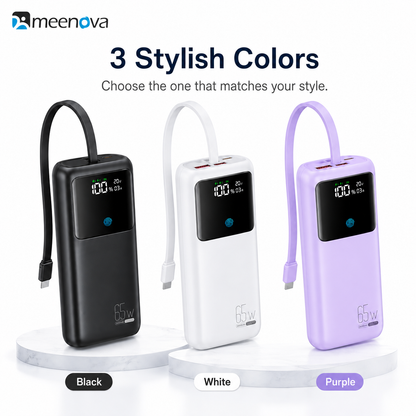Meenova 65W 20000mAh Laptop Power Bank with Built-in USB-C Cable, PD Fast Charging, 2 USB-A Ports & Smart Digital Display, Portable Charger for iPhone 18 Pro Max, iPhone Duo, Laptop & Tablet