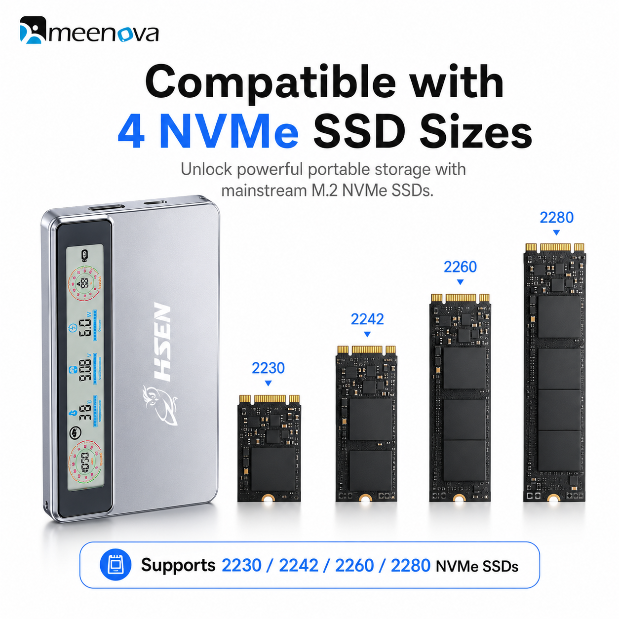 Meenova Smart Display M.2 NVMe SSD Enclosure, USB 3.2 Gen 2 10Gbps, Real-Time Speed, Health & Temperature Monitor, CNC Aluminum, 2230/2242/2260/2280