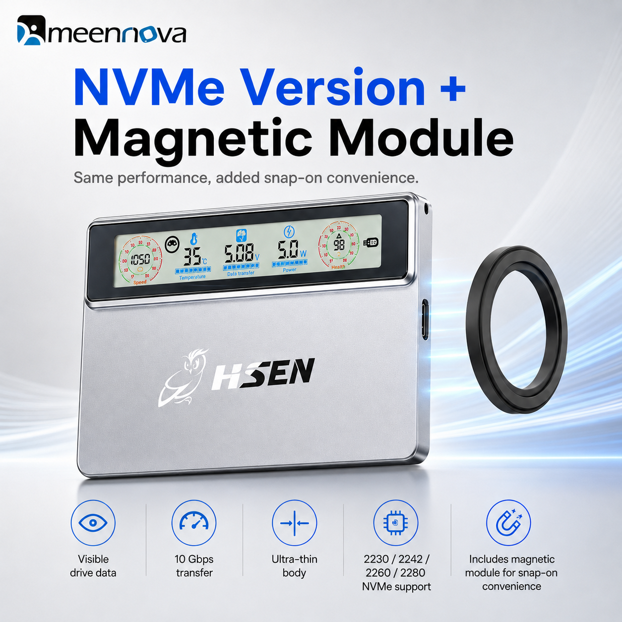 Meenova Smart Display M.2 NVMe SSD Enclosure, USB 3.2 Gen 2 10Gbps, Real-Time Speed, Health & Temperature Monitor, CNC Aluminum, 2230/2242/2260/2280
