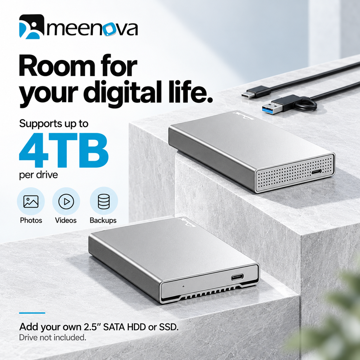 Meenova 2.5-Inch SATA HDD/SSD Enclosure, USB-C 5Gbps Aluminum Case with 2-in-1 Cable