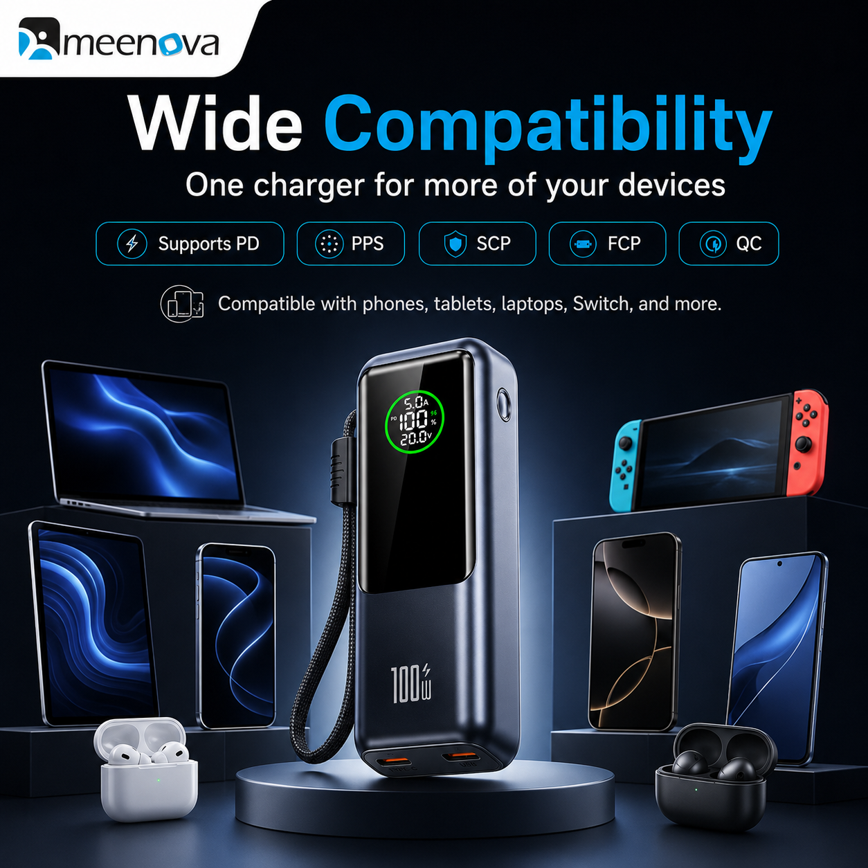 Meenova A57 100W USB-C Power Bank with Built-in Cable & LED Display 2,0000mAh – Multi-Port Fast Charger for Laptop, Tablet & Phone