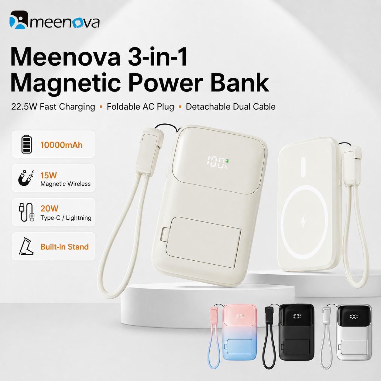 Meenova 10000mAh 3-in-1 Magnetic Wireless Power Bank with AC Wall Charger, Built-in USB-C & Lightning Cables, 22.5W Fast Charging, 15W Magnetic Charging & Kickstand