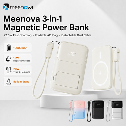 Meenova 10000mAh 3-in-1 Magnetic Wireless Power Bank with AC Wall Charger, Built-in USB-C & Lightning Cables, 22.5W Fast Charging, 15W Magnetic Charging & Kickstand