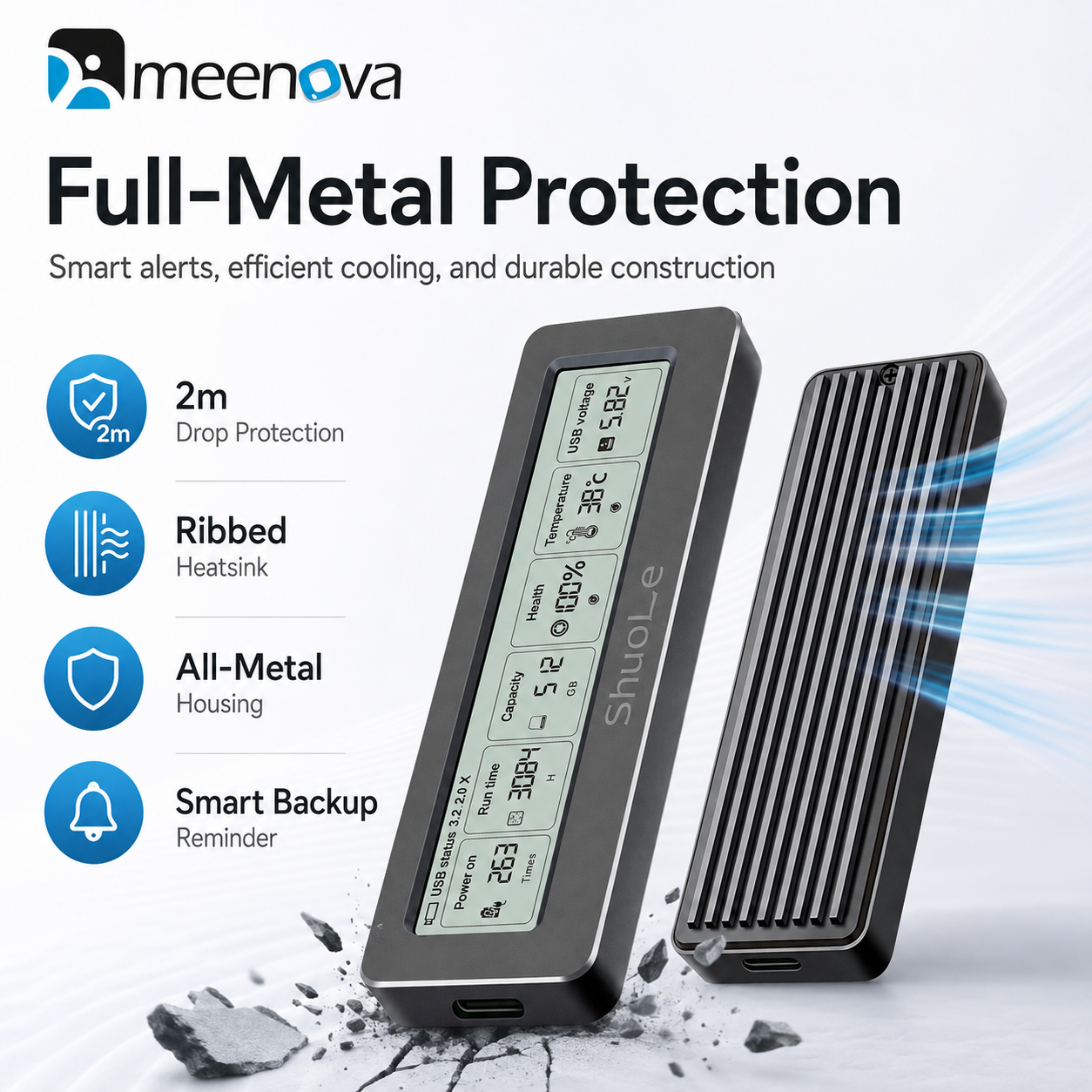 Meenova Smart Display M.2 NVMe SSD Enclosure, USB 3.2 Gen 2 10Gbps, All-Aluminum, M-Key & B+M Key, 2230/2242/2260/2280, Up to 8TB