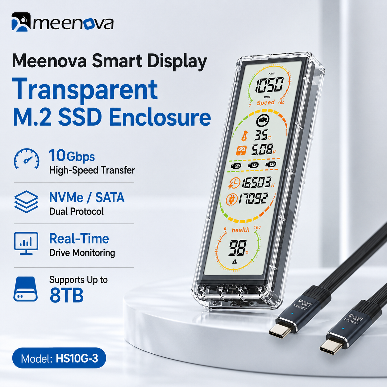 Meenova HS10G-3 Smart Display M.2 SSD Enclosure – 10Gbps USB-C NVMe/SATA SSD Case with Real-Time Drive Monitoring