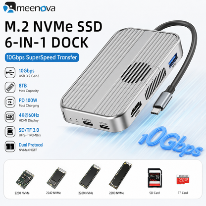 Meenova Magnetic M.2 NVMe/SATA SSD Enclosure MagSafe & 6-in-1 HUB USB-C Dock – 10Gbps, 4K@60Hz HDMI, PD 100W, SD/TF, Up to 4TB