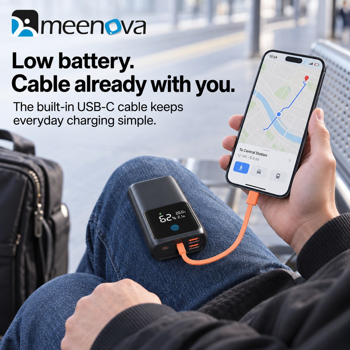 Meenova 65W 20000mAh Laptop Power Bank with Built-in USB-C Cable, PD Fast Charging, 2 USB-A Ports & Smart Digital Display, Portable Charger for iPhone 18 Pro Max, iPhone Duo, Laptop & Tablet