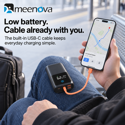 Meenova 65W 20000mAh Laptop Power Bank with Built-in USB-C Cable, PD Fast Charging, 2 USB-A Ports & Smart Digital Display, Portable Charger for iPhone 18 Pro Max, iPhone Duo, Laptop & Tablet