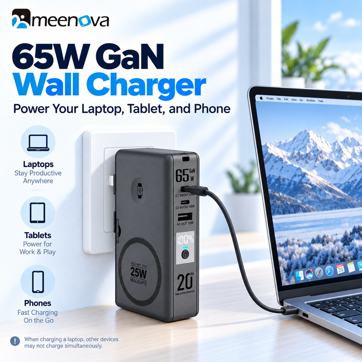 Meenova SolidPower T20 6-in-1 Qi2 MagSafe 25W Power Bank & 65W GaN Travel Charger, 20,000mAh Magnetic Solid-State Battery