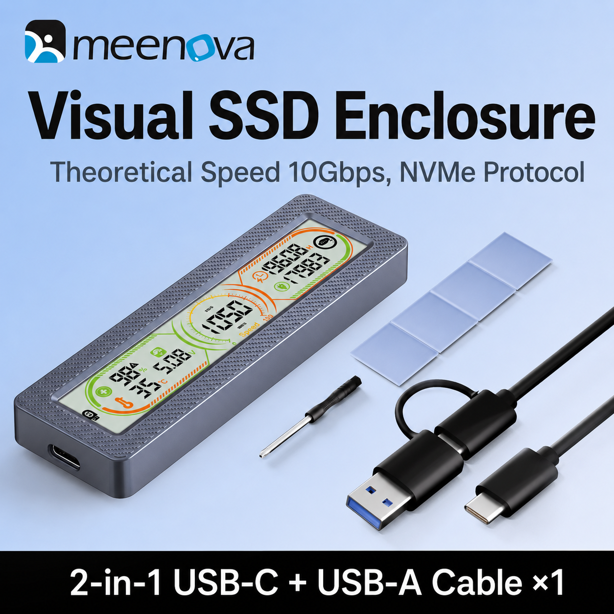 Meenova Smart Display M.2 SSD Enclosure – 10Gbps USB 3.2 Gen 2, Real-Time Health, Speed, Temperature & Voltage Monitor, NVMe / NVMe SATA