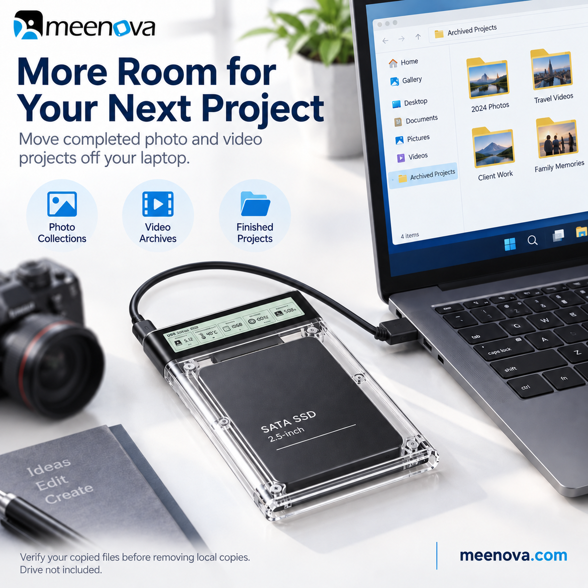 Meenova Smart Display 2.5" SATA HDD/SSD Enclosure – USB 3.2 Gen 1 5Gbps, Real-Time Drive Monitoring, Tool-Free External Hard Drive Case