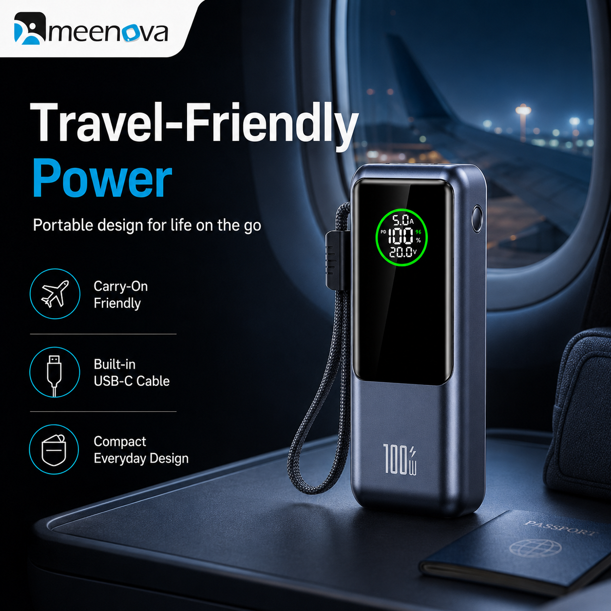 Meenova A57 100W USB-C Power Bank with Built-in Cable & LED Display 2,0000mAh – Multi-Port Fast Charger for Laptop, Tablet & Phone