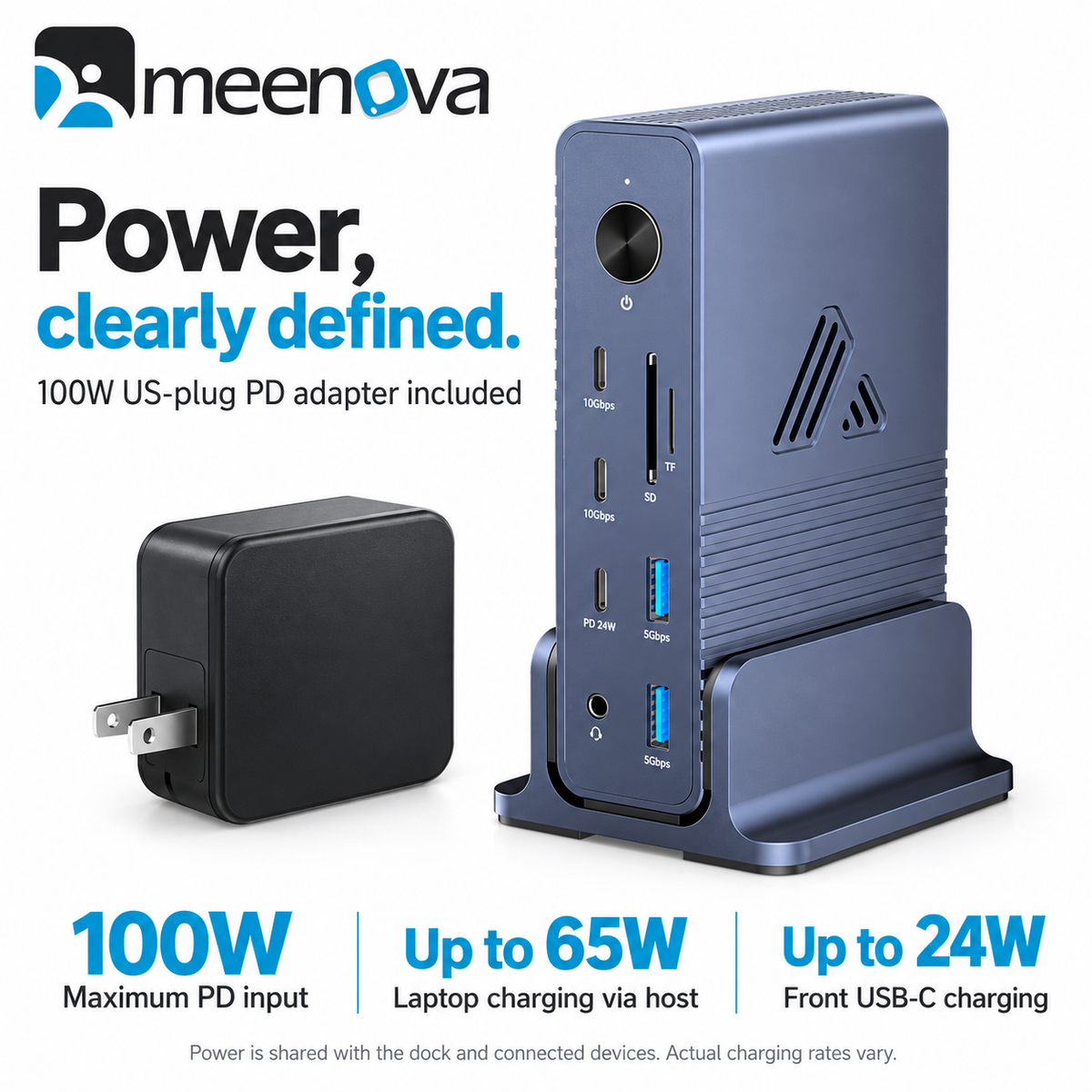 Meenova 18-in-1 DisplayLink USB-C Docking Station, 2.5GbE & 10Gbps USB, with 100W US-Plug Adapter