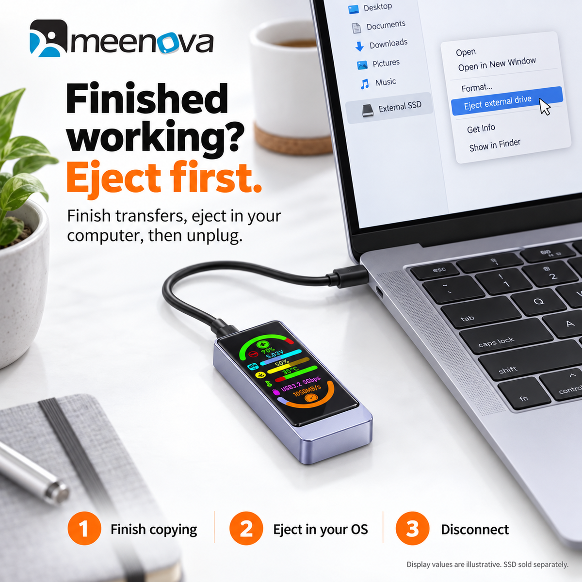 Meenova Smart Color Display M.2 SSD Enclosure, USB 3.2 Gen 2 10Gbps, NVMe/SATA, Real-Time Drive Health & Speed Monitor, Touch Encryption Options