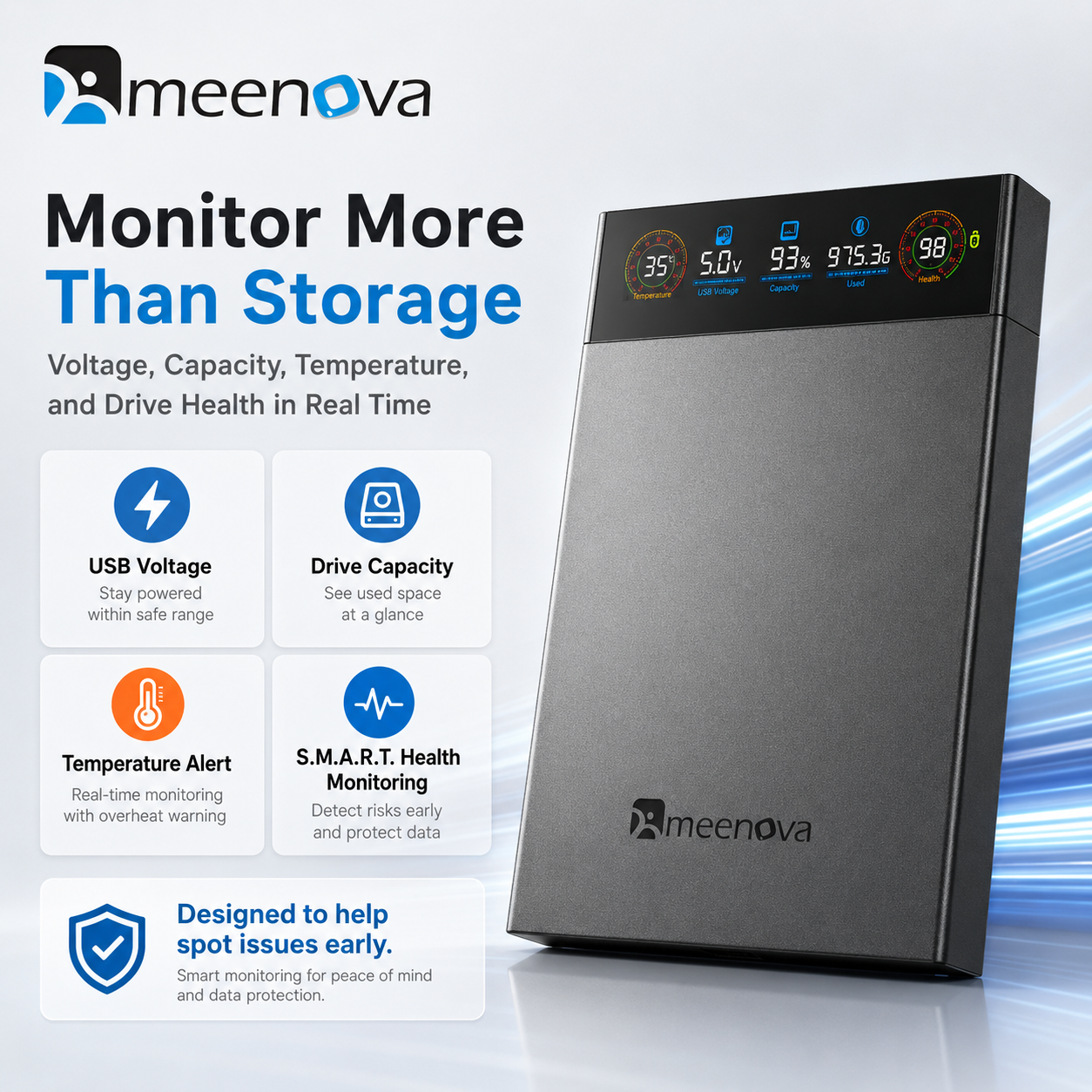 Meenova 2.5" Smart Display SATA HDD/SSD Enclosure, USB 3.2 Gen 1 5Gbps External Hard Drive Case with Real-Time Health, Temperature, Voltage & Capacity Monitoring, for 7mm/9.5mm SATA Drives