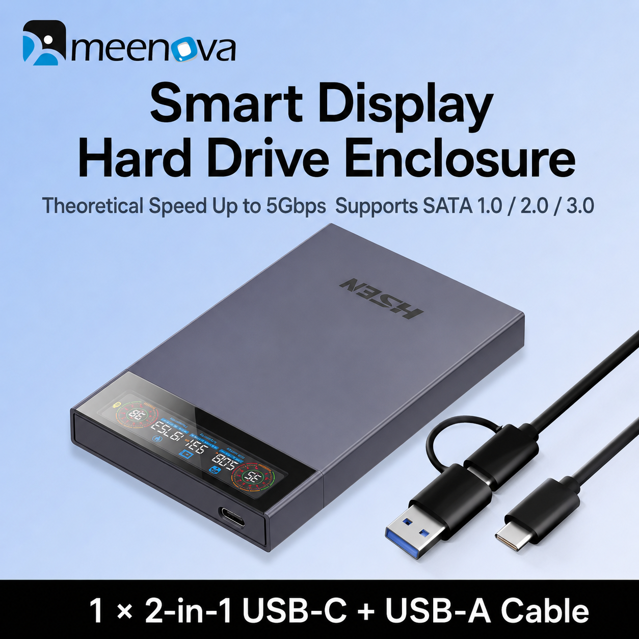 Meenova 2.5" Smart Display SATA HDD/SSD Enclosure, USB 3.2 Gen 1 5Gbps External Hard Drive Case with Real-Time Health, Temperature, Voltage & Capacity Monitoring, for 7mm/9.5mm SATA Drives