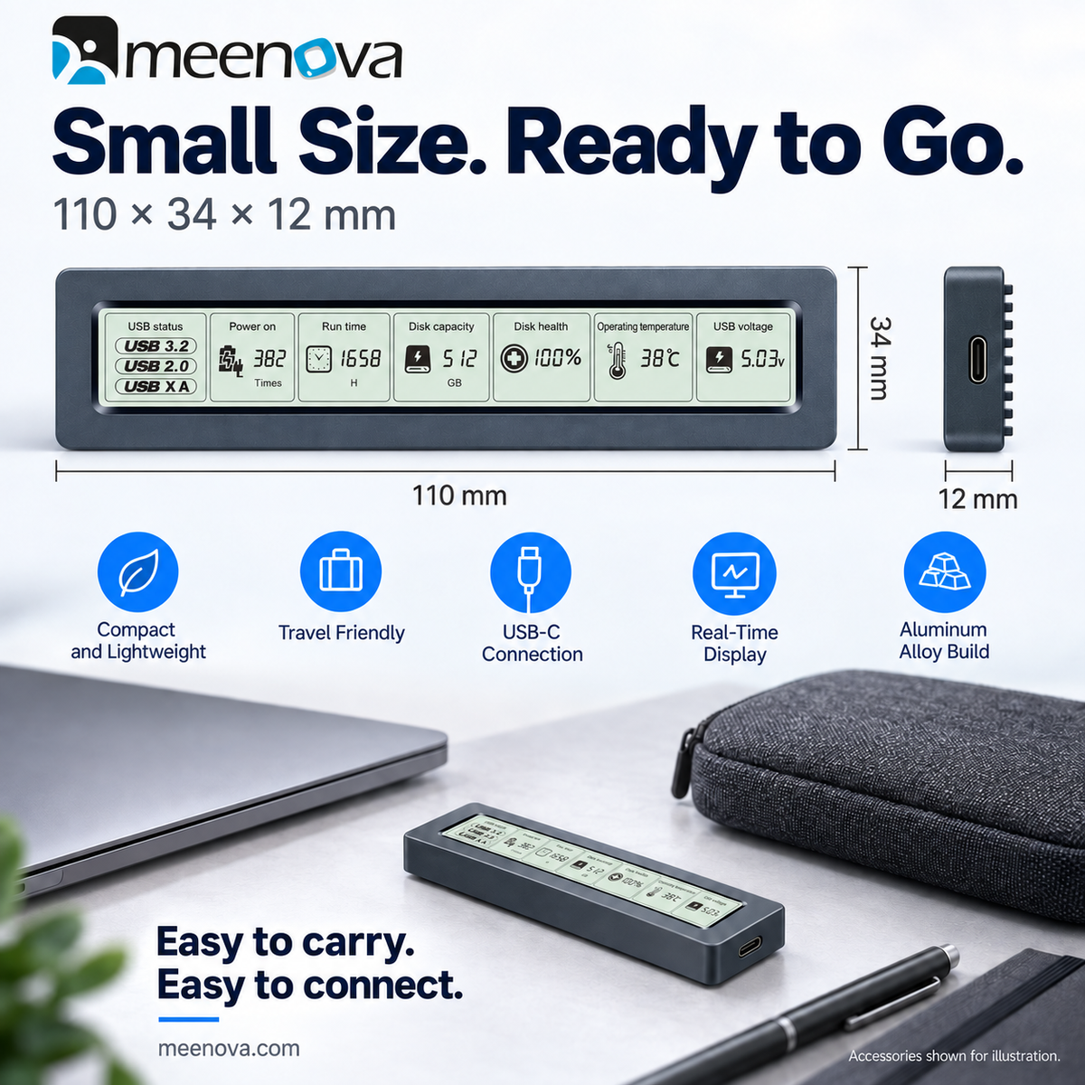 Meenova 10Gbps Smart Display NVMe M.2 SSD Enclosure – USB 3.2 Gen 2, UASP & TRIM, Aluminum Cooling, 2230/2242/2260/2280