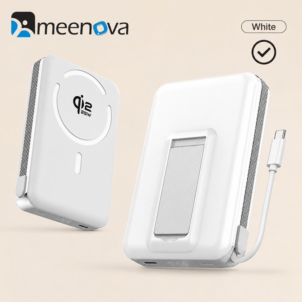 Meenova Qi2.2 25W Magnetic Power Bank 10000mAh with 35W PD Fast Charging, Detachable USB-C Cable & Kickstand