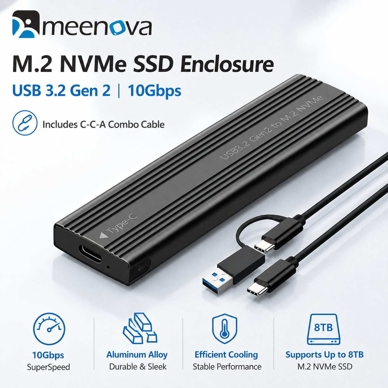 Meenova 10Gbps M.2 NVMe SSD Enclosure with C-C-A Cable – USB 3.2 Gen 2 Type-C Tool-Free Aluminum Case