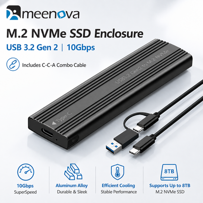 Meenova 10Gbps M.2 NVMe SSD Enclosure with C-C-A Cable – USB 3.2 Gen 2 Type-C Tool-Free Aluminum Case