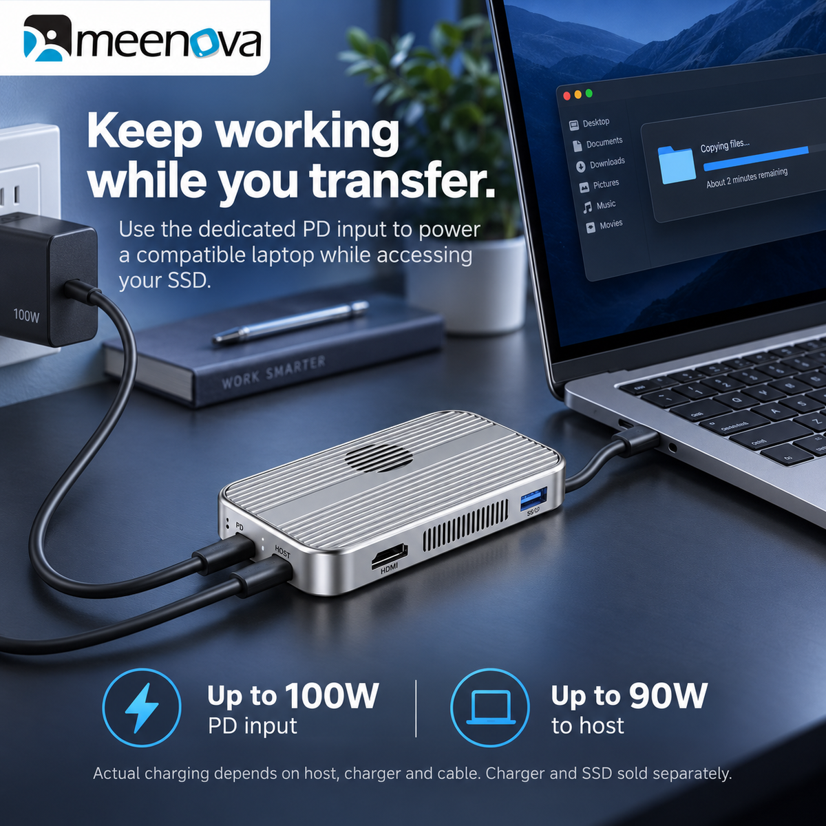 Meenova Magnetic M.2 NVMe/SATA SSD Enclosure MagSafe & 6-in-1 HUB USB-C Dock – 10Gbps, 4K@60Hz HDMI, PD 100W, SD/TF, Up to 4TB