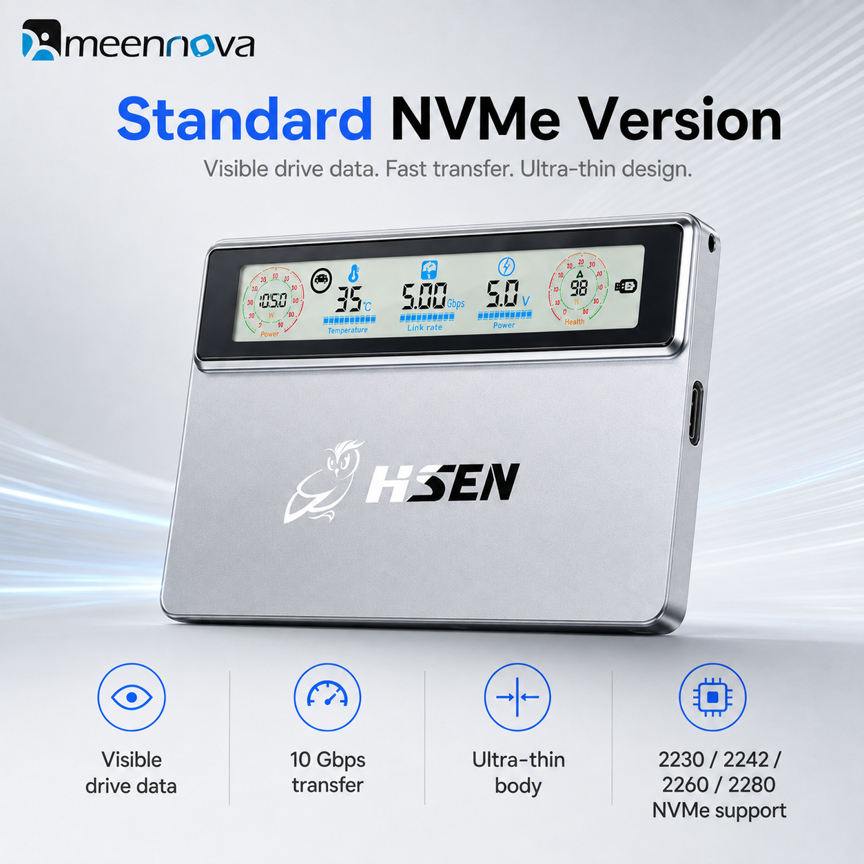 Meenova Smart Display M.2 NVMe SSD Enclosure, USB 3.2 Gen 2 10Gbps, Real-Time Speed, Health & Temperature Monitor, CNC Aluminum, 2230/2242/2260/2280