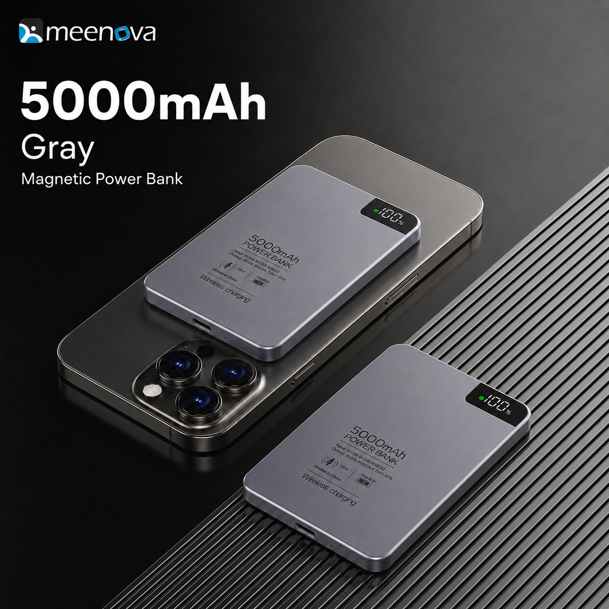 Meenova Ultra-Slim Magnetic Power Bank 5000mAh/10000mAh, 15W Wireless & 20W USB-C PD Fast Charging, Aluminum Alloy Portable Battery Pack