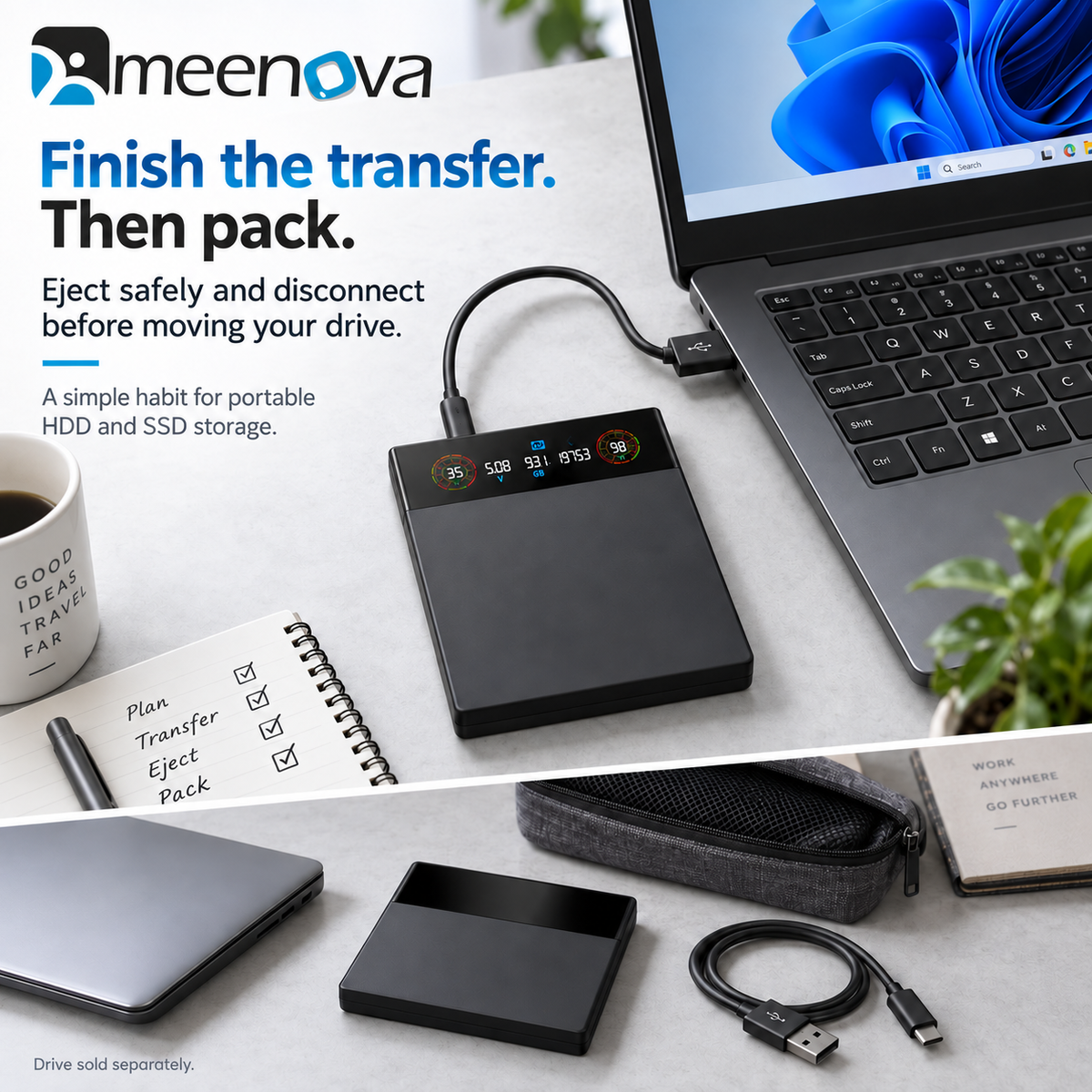 Meenova 2.5" Smart Display SATA HDD/SSD Enclosure, USB 3.2 Gen 1, 5Gbps External Hard Drive Case with Real-Time Health, Temperature, Voltage & Capacity Monitoring, for 7mm/9.5mm SATA Drives