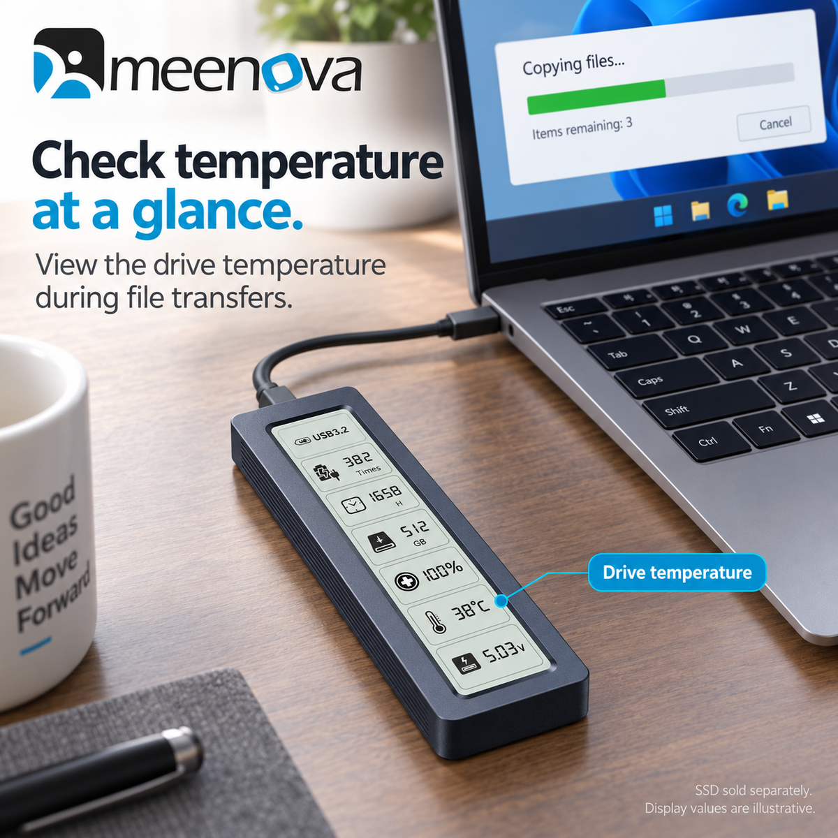 Meenova 20Gbps Smart Display M.2 NVMe/SATA SSD Enclosure – USB 3.2 Gen 2x2 Type-C, 2230/2242/2260/2280, Real-Time Drive Monitoring