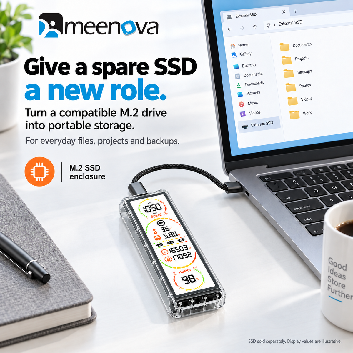 Meenova HS10G-3 Smart Display M.2 SSD Enclosure – 10Gbps USB-C NVMe/SATA SSD Case with Real-Time Drive Monitoring
